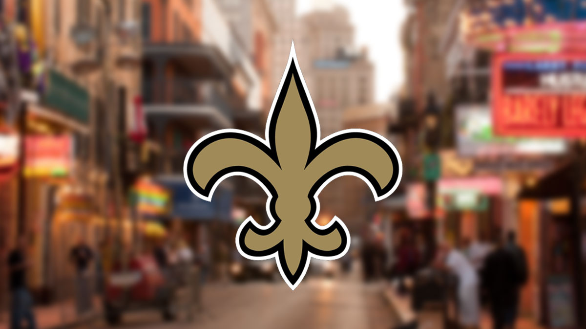 A logo for the New Orleans Saints. Bourbon Street in New Orleans is in the background of the image.