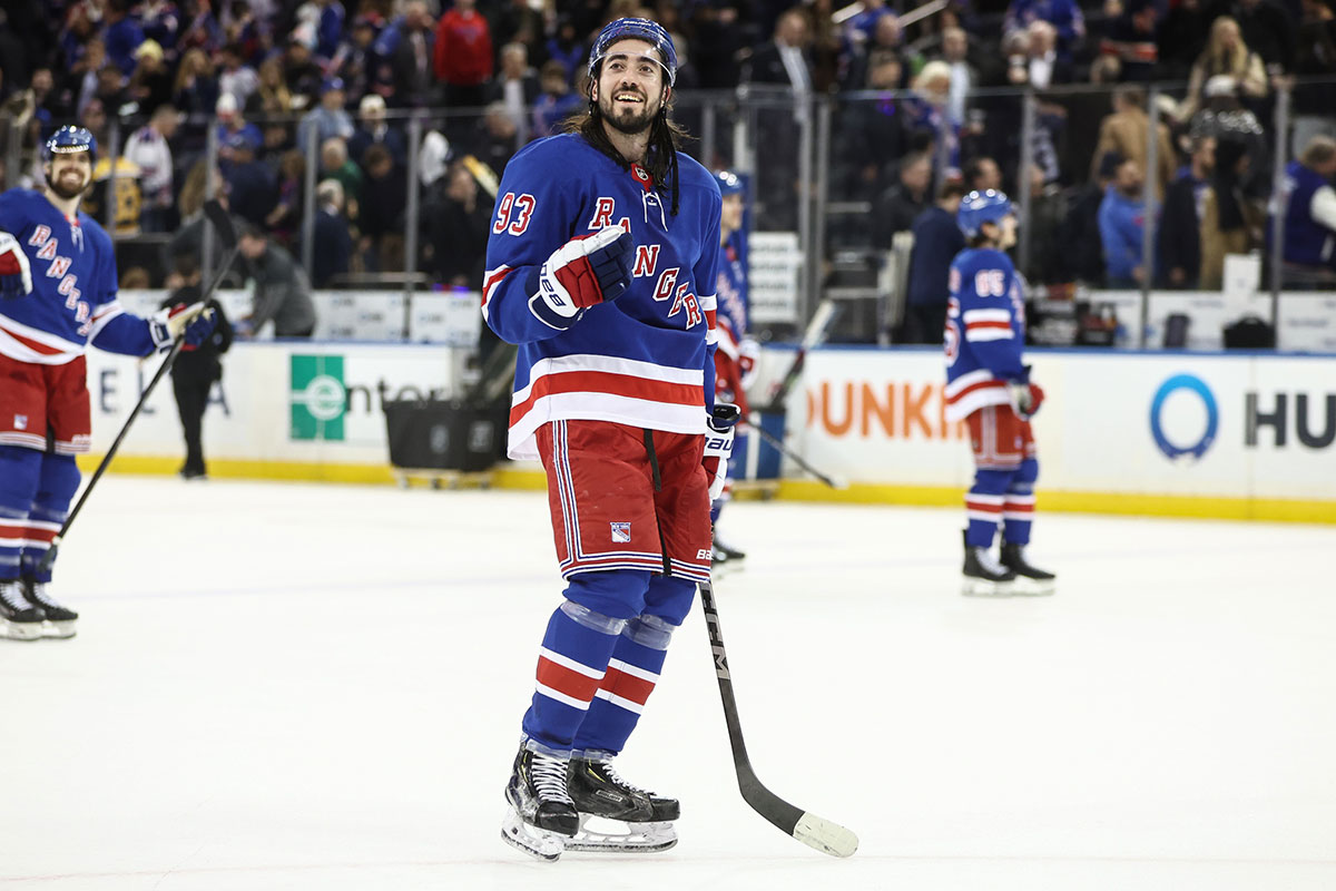 New York Rangers center Mika Zibanejad (93) celebrates after defeating the Boston Bruins 2-1 at Madison Square Garden.