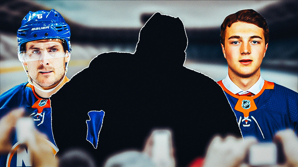 Silhouette of Scott Perunovich front and center. Ryan Pulock behind to right. Noah Dobson behind to left