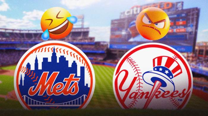 Mets logo with laughing emoji above, Yankees logo with angry emoji above