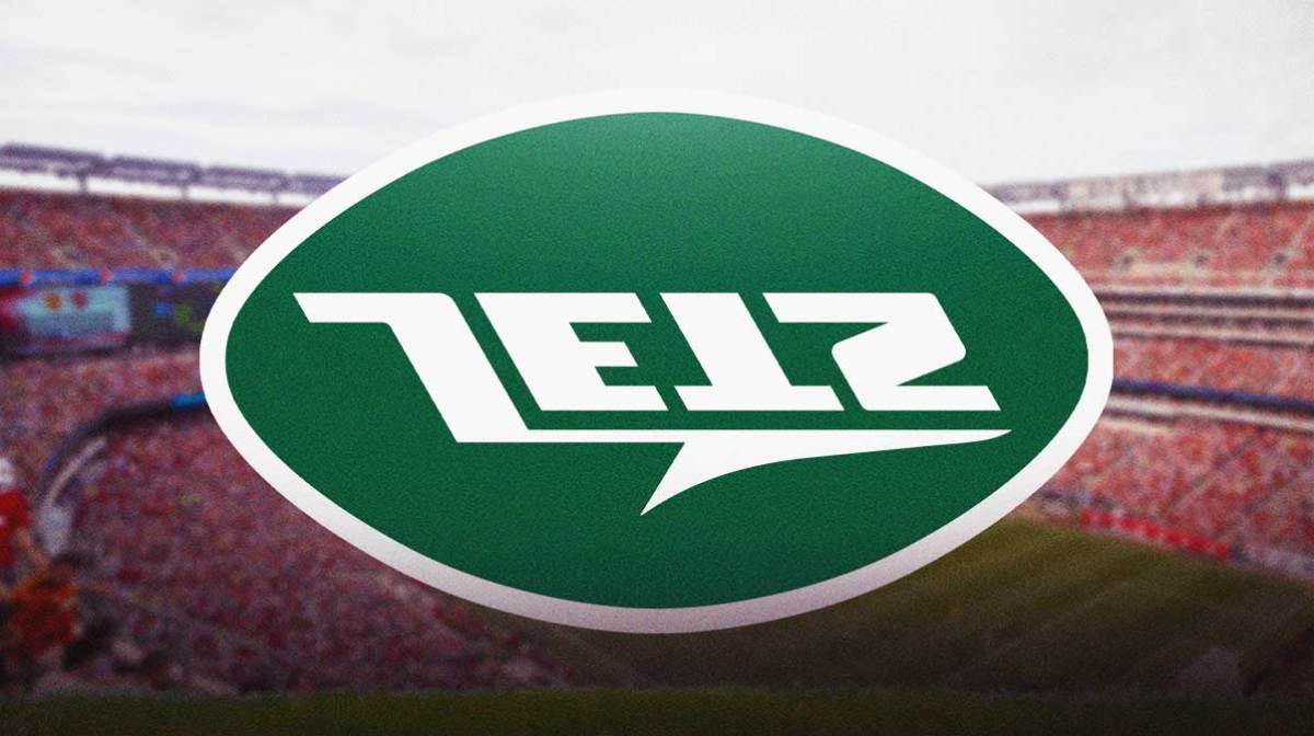 Jets logo flipped upside down. MetLife Stadium in background