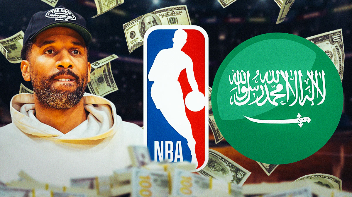 Maverick Carter with an NBA logo on one side and a Saudi flag on the other and money all around.