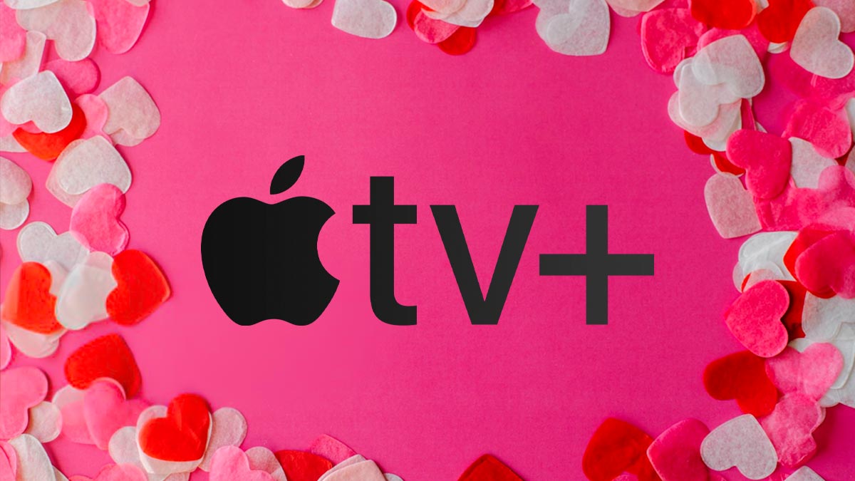 Apple TV+ logo with Valentine's Day background.