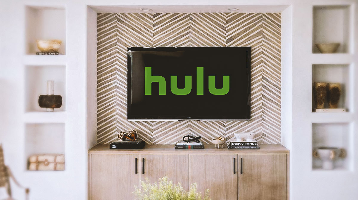 Hulu logo on TV in living room.