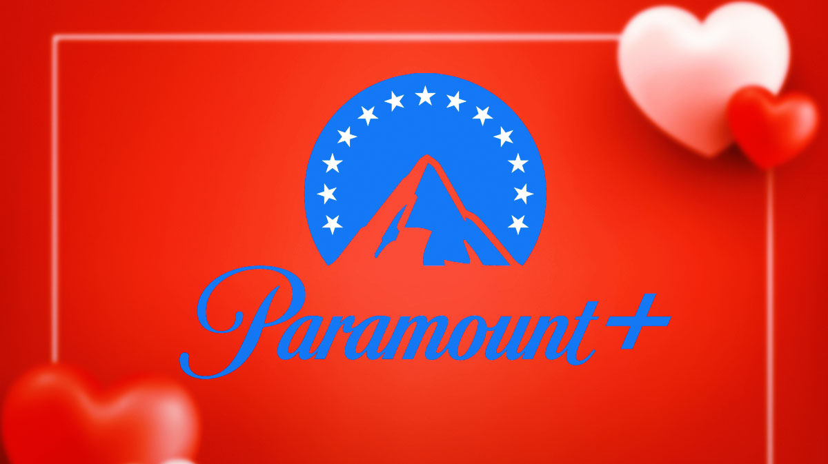 Paramount+ logo with Valentine's Day to represent February background.