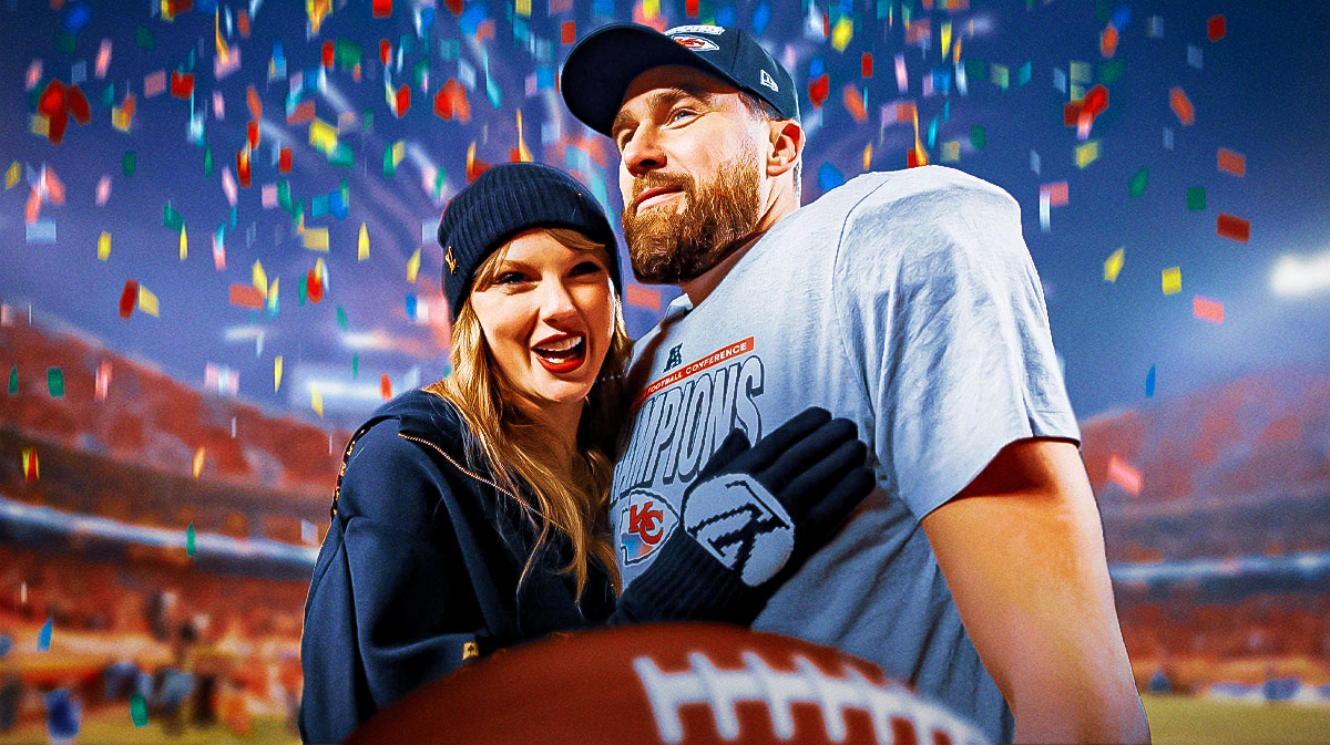 Taylor Swift and Travis Kelce after the Kansas City Chiefs' AFC Championship win with confetti and GEHA Field at Arrowhead Stadium background.
