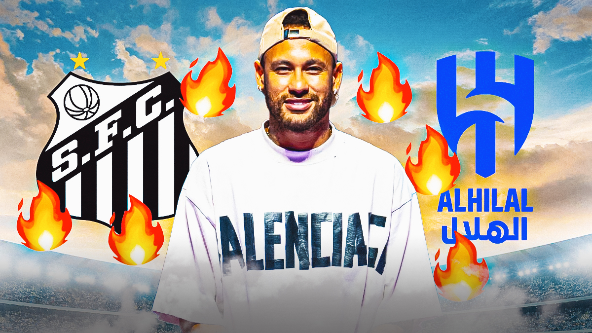 Neymar, Al Hilal and Santos FC logos, fire symbols surrounding Neymar