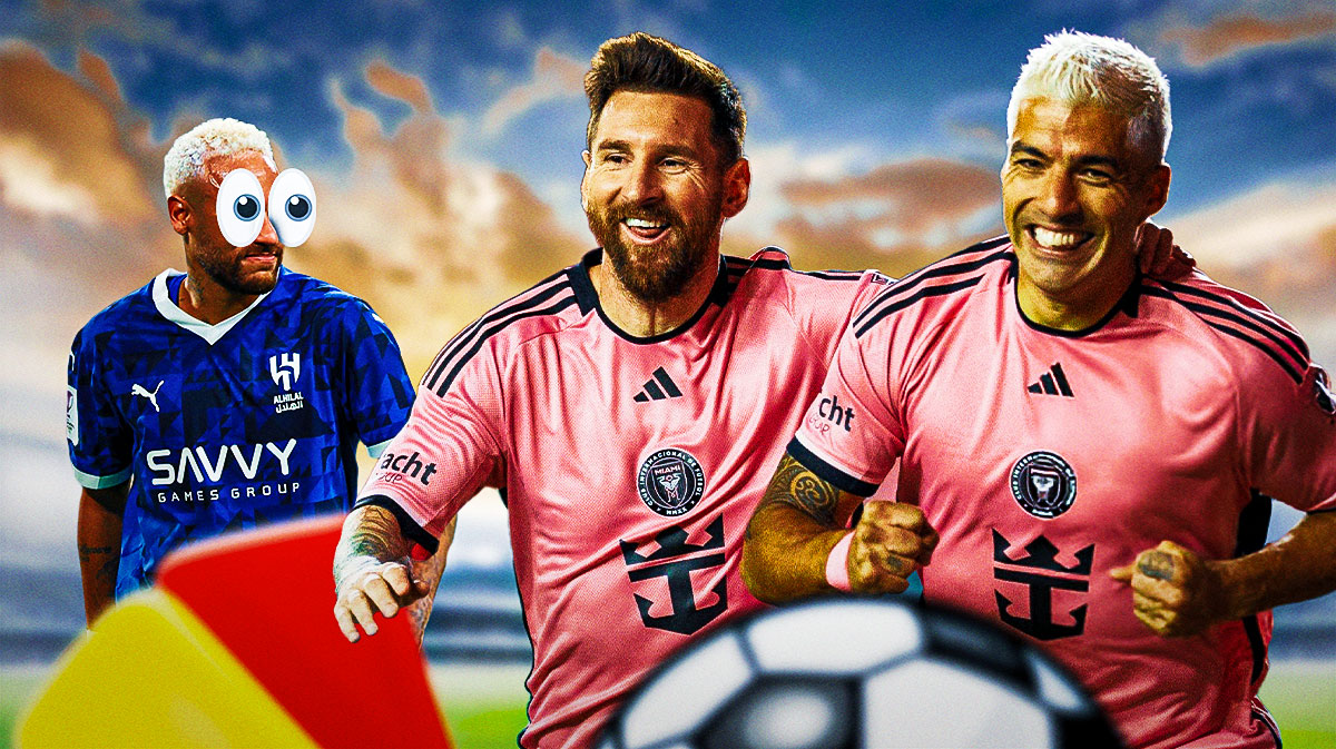 Photo: Luis Suarez, Lionel Messi in Inter Miami jerseys, Neymar with peeping eyes looking at them