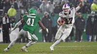 Nov 26, 2023; Philadelphia, Pennsylvania, USA; Buffalo Bills quarterback Josh Allen (17) runs with the football against Philadelphia Eagles linebacker Nicholas Morrow (41) during the second quarter at Lincoln Financial Field.