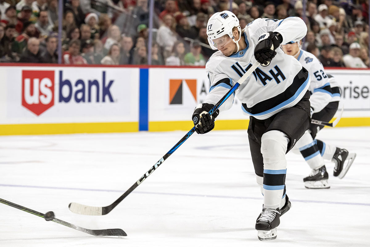 Utah Hockey Club forward Nick Bjugstad (17) takes a shot on goal against the Minnesota Wild during the third period at Xcel Energy Center.