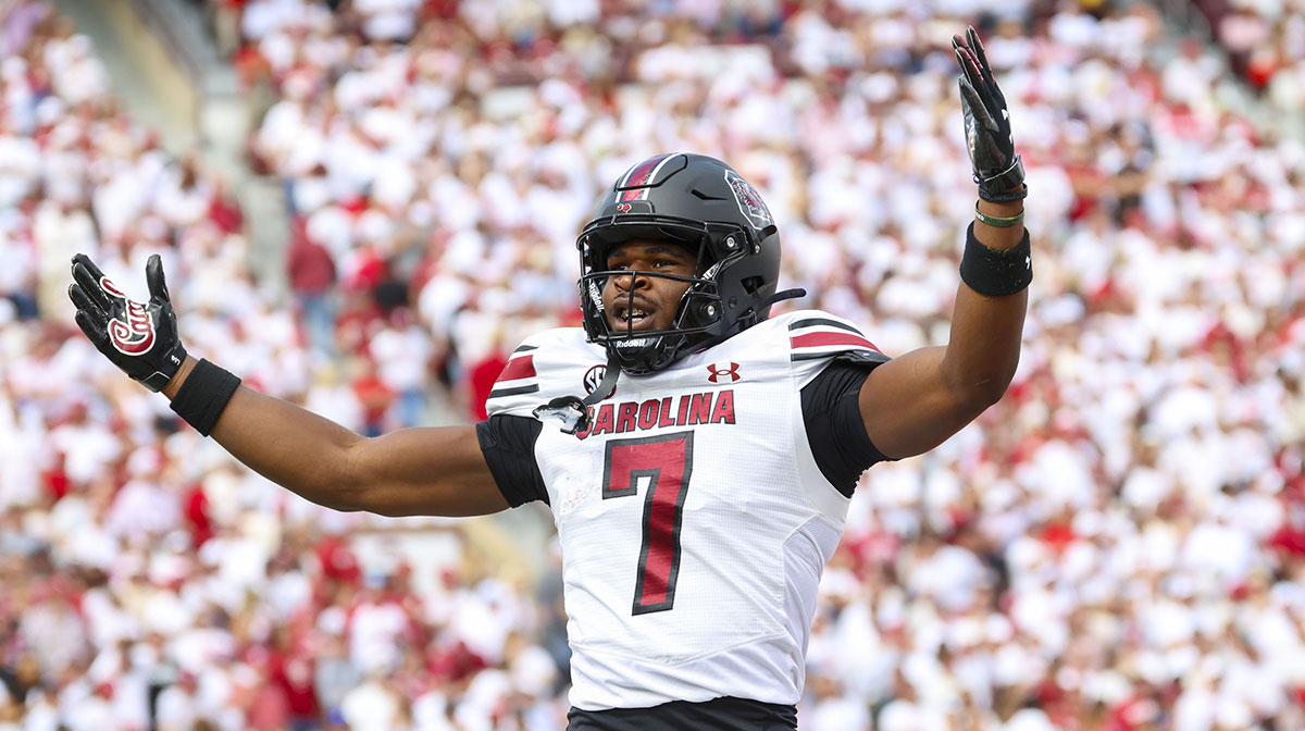 South Carolina Gamecocks defensive back Nick Emanwori (7) reacts after returning an interception for a touchdown during the first half against the Oklahoma Sooners at Gaylord Family-Oklahoma Memorial Stadium. 