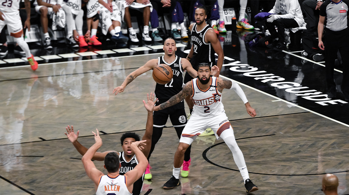 Phoenix Suns center Nick Richards (2) waits for a pass from guard Grayson Allen (8) as Brooklyn Nets forward Jalen Wilson (22) defends during the second half at Barclays Center. 