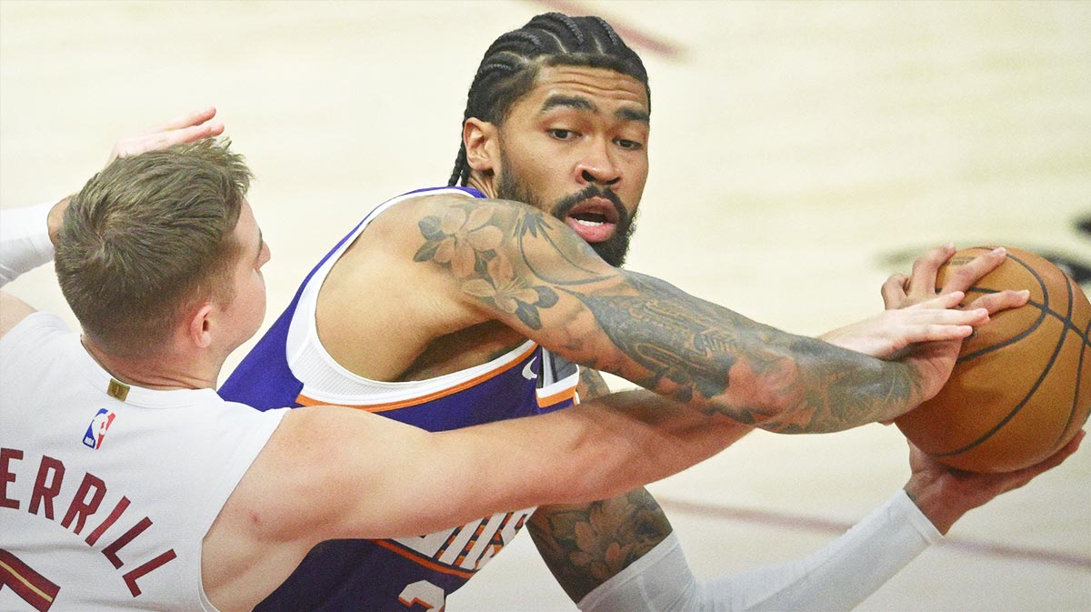 Cleveland Cavaliers guard Sam Merrill (5) defends Phoenix Suns center Nick Richards (2) in the third quarter at Rocket Mortgage Fieldhouse. 