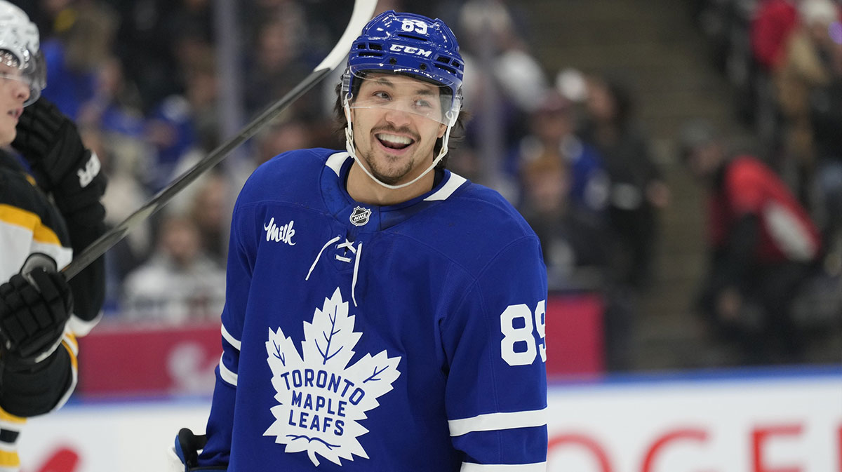 Toronto Maple Leafs forward Nicholas Robertson (89) smiles during a break in the action against the Boston Bruins in the first period at Scotiabank Arena.