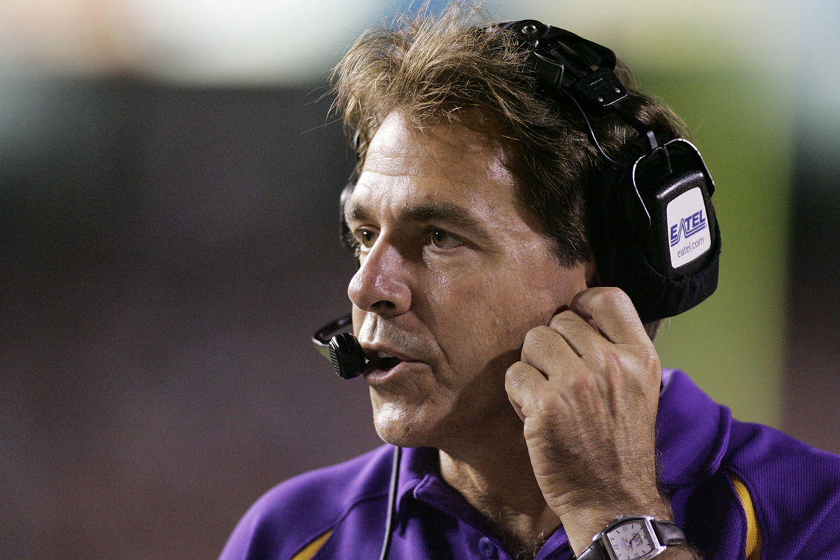LSU Tigers head coach Nick Saban coaches against the Florida Gators in the 4th quarter at Ben Hill Griffin Stadium.