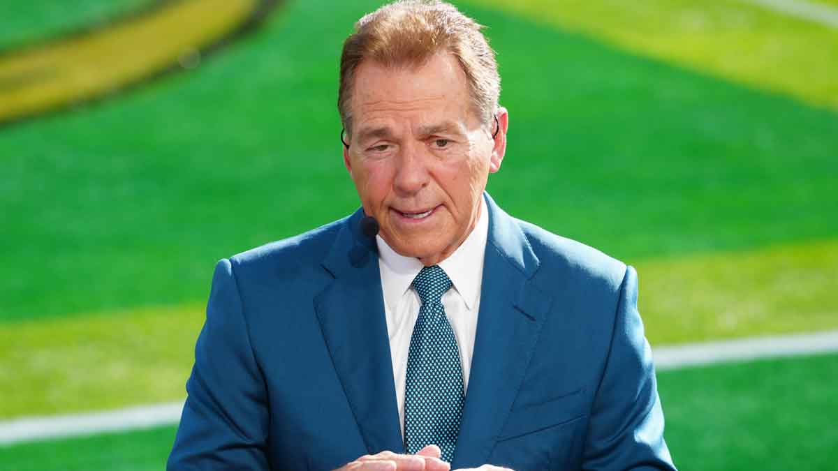 Jan 1, 2025; Pasadena, California, USA; Nick Saban on the ESPN Gameday set at Rose Bowl Stadium. Mandatory Credit: Kirby Lee-Imagn Images