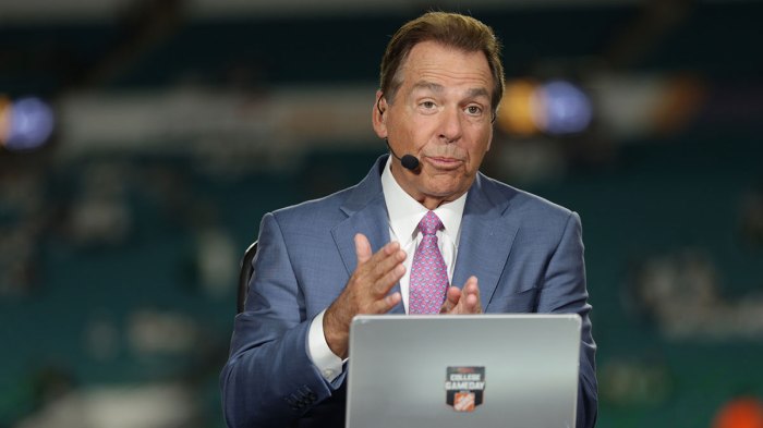 ESPN analyst Nick Saban before the game between the Notre Dame Fighting Irish and the Penn State Nittany Lions in the Orange Bowl at Hard Rock Stadium.