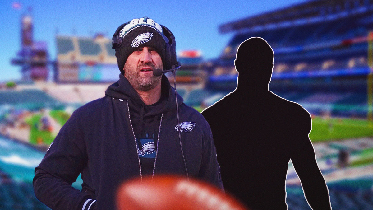 Nick Sirianni next to the blacked-out silhouette of Oren Burks in front of the Eagles stadium.