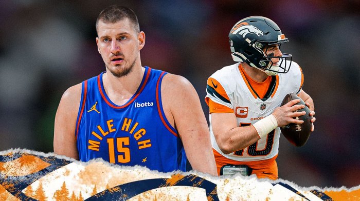 Nikola Jokic, Bo Nix, Denver Nuggets and Denver Broncos logos in background