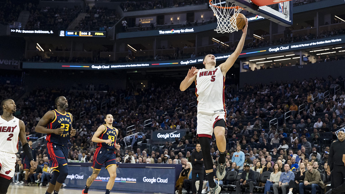 Miami Heat forward Nikola Jovic (5) shoots a layup against the Golden State Warriors during the second quarter at Chase Center.