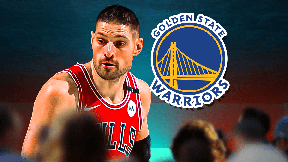 Bulls, Warriors, Nikola Vucevic, Nikola Vucevic rumors, Nikola Vucevic trade rumors, Nikola Vucevic and Warriors logo on graphic, Warriors arena in the background