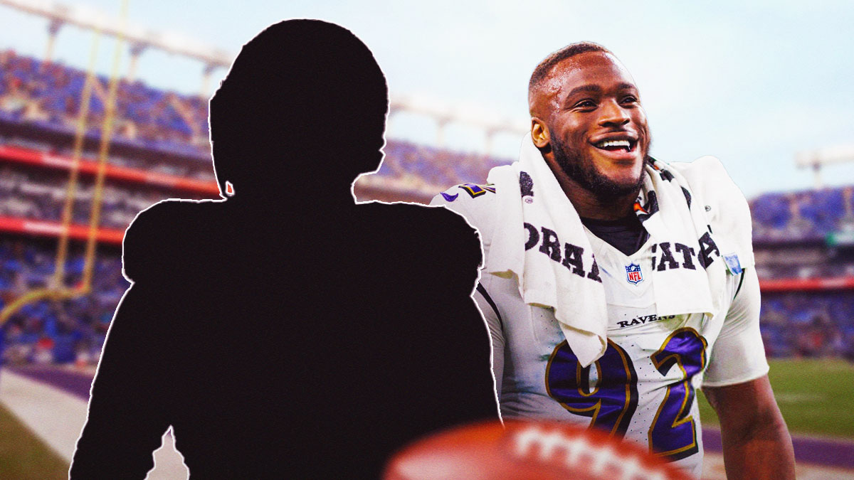 Nnamdi Madubuike next to the blacked-out silhouette of Kyle Van Noy in front of the Ravens stadium.