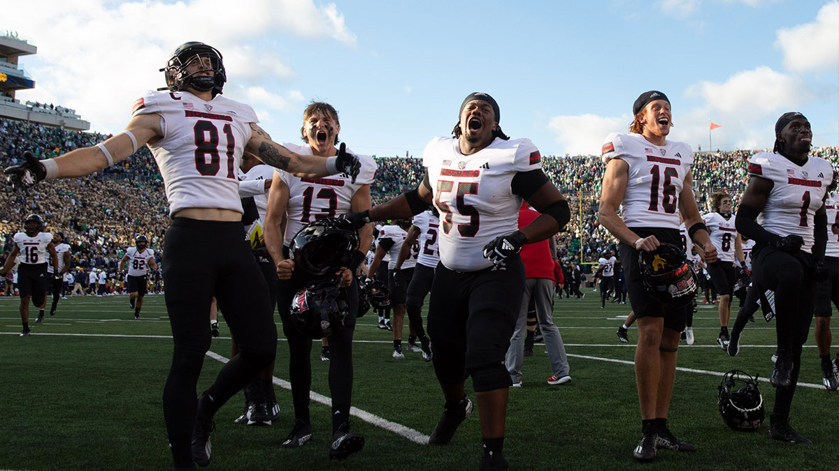 Northern Illinois celebrates after winning a NCAA college football game 16-14 against Notre Dame at Notre Dame Stadium on Saturday, Sept. 7, 2024, in South Bend.