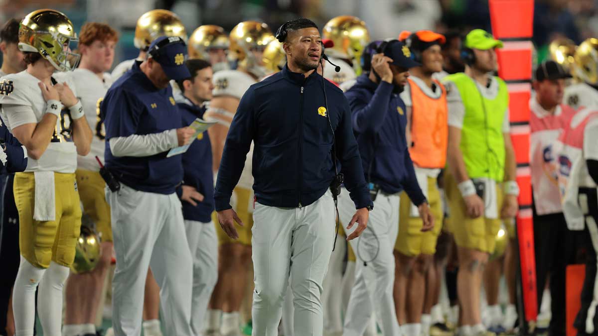 Notre Dame Fighting Irish head coach Marcus Freeman reacts in the second half against the Penn State Nittany Lions in the Orange Bowl at Hard Rock Stadium.