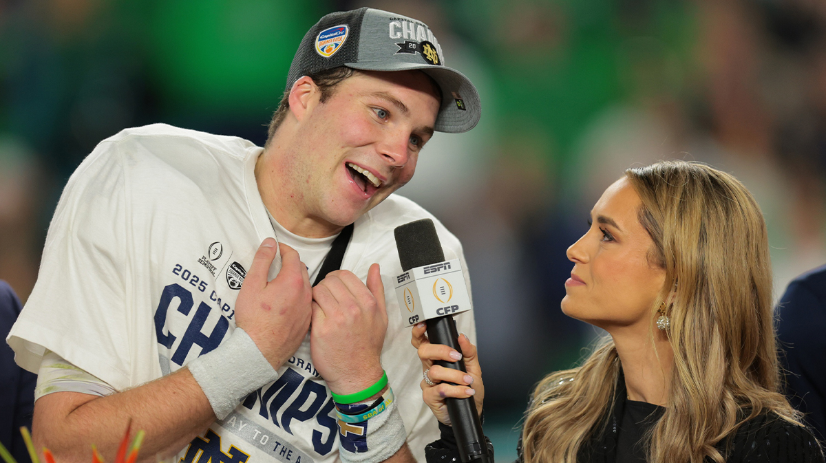 Notre Dame Fighting Irish quarterback Riley Leonard (13) celebrates their victory over the Penn State Nittany Lions in the Orange Bowl at Hard Rock Stadium.