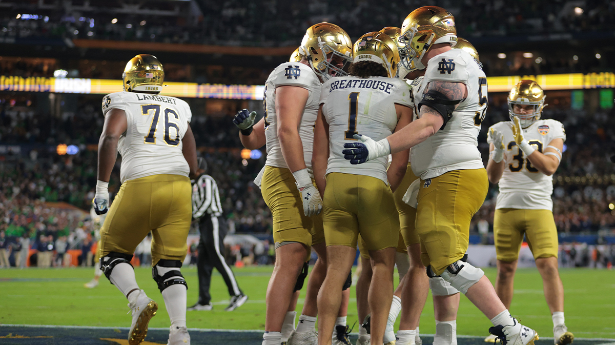 Notre Dame Fighting Irish wide receiver Jayden Greathouse (1) celebrates with teammates after scoring a touchdown in the second half against the Penn State Nittany Lions in the Orange Bowl at Hard Rock Stadium. 