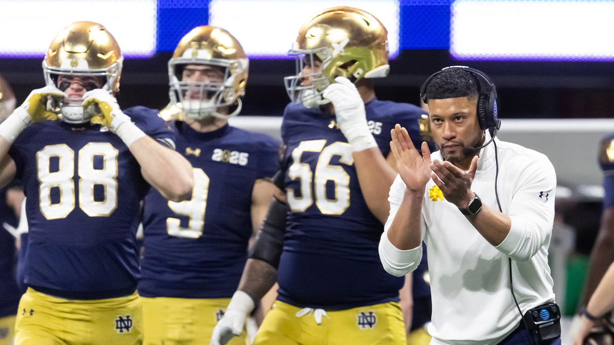 Notre Dame Fighting Irish head coach Marcus Freeman against the Ohio State Buckeyes during the CFP National Championship college football game at Mercedes-Benz Stadium. 