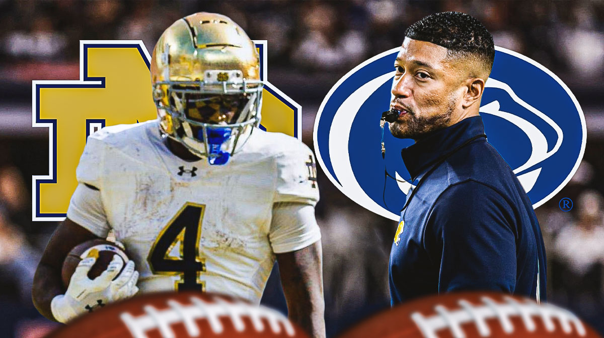 Jeremiyah Love and Marcus Freeman with Notre Dame and Penn State logos in between them
