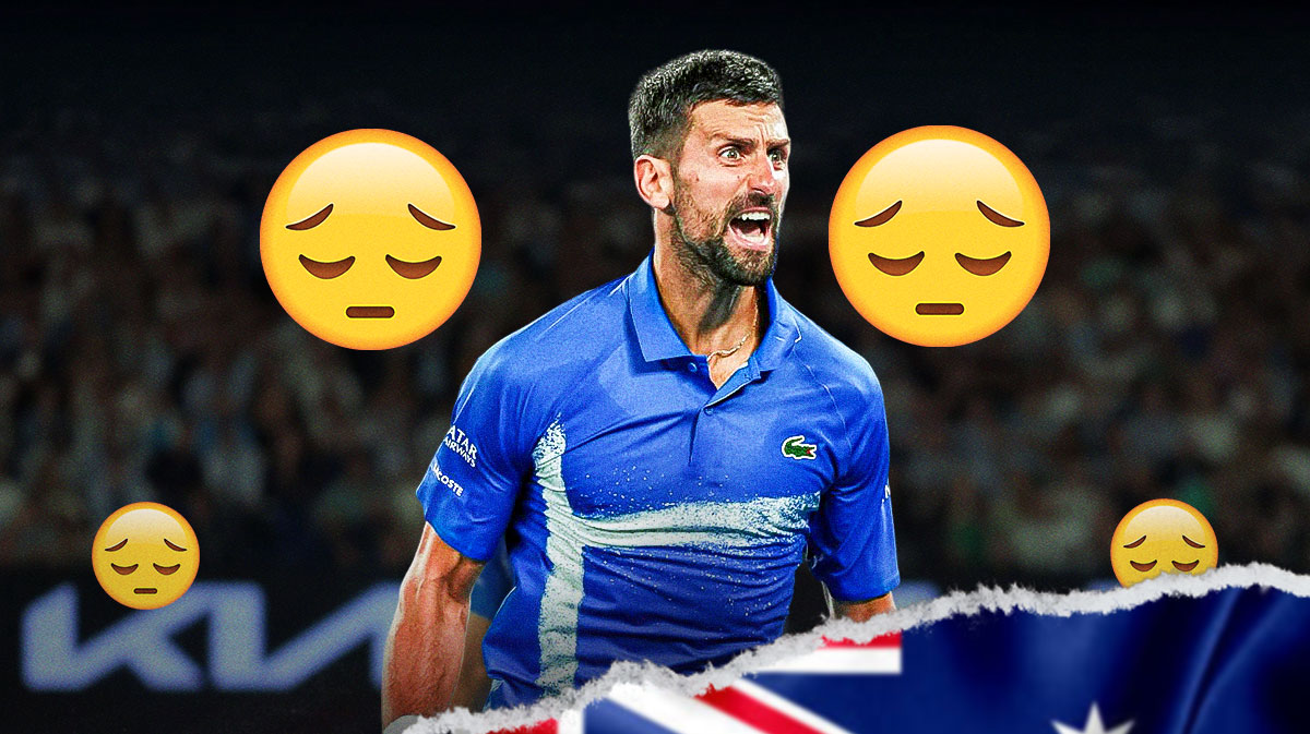Novak Djokovic with sad face emojis around the picture.