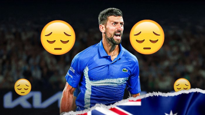 Novak Djokovic with sad face emojis around the picture.