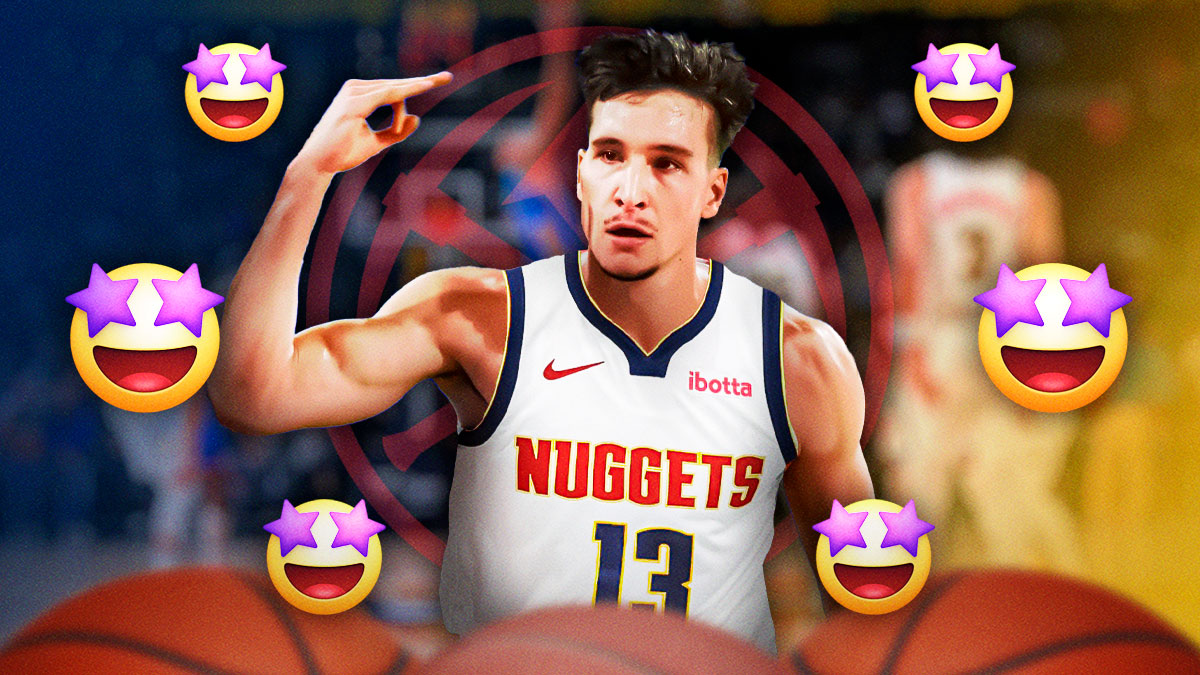 Bogdan Bogdanovic in the middle in a Denver Nuggets uniform, Denver Nuggets wallpaper in the background, 🤩 emoji all around