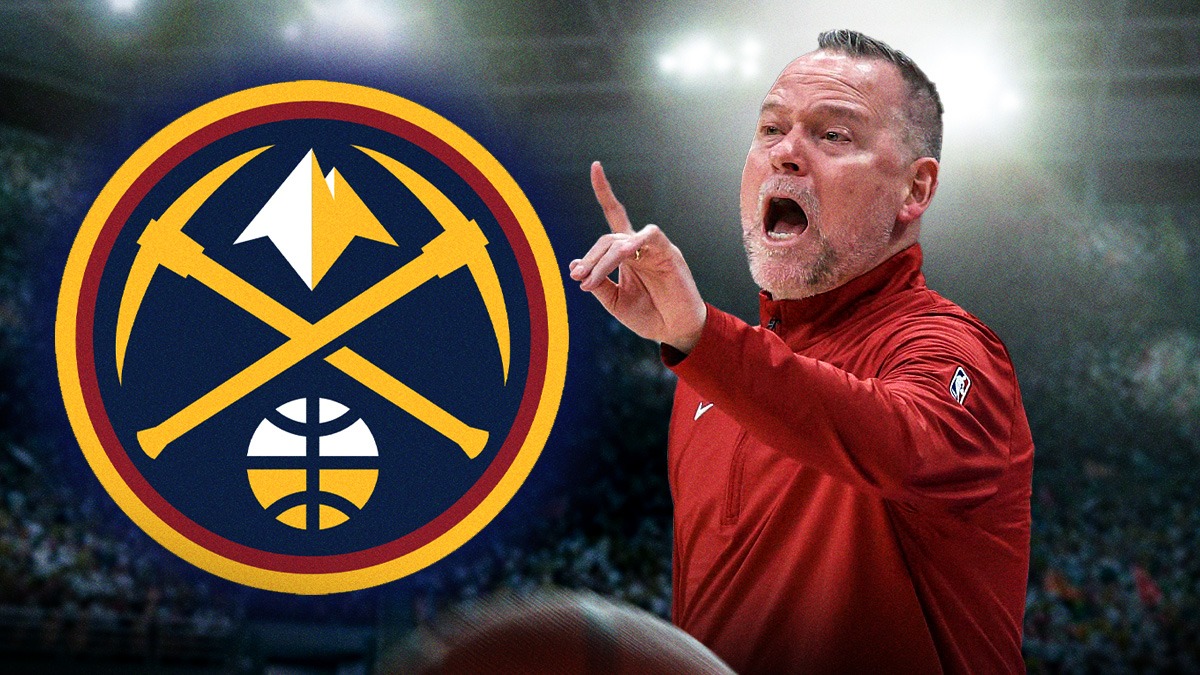 Michael Malone looking angry/yelling next to the Nuggets logo.