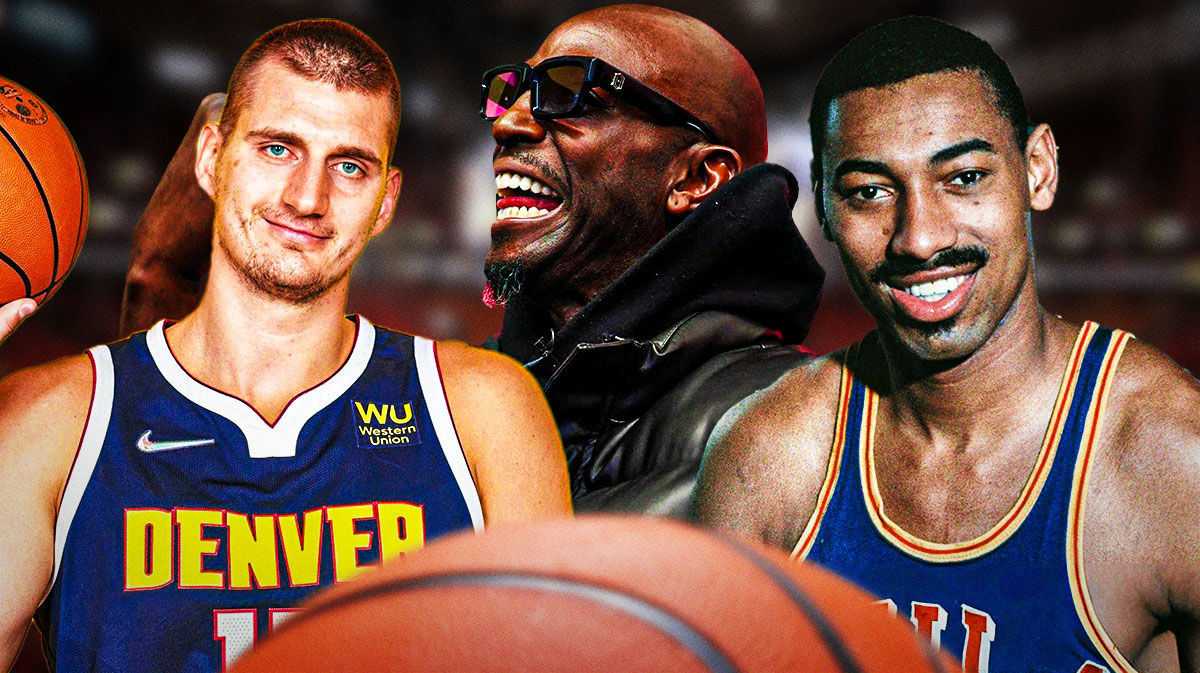 Hall of Fame forward Kevin Garnett in street clothes between Hall of Fame center Wilt Chamberlain and Nuggets center Nikola Jokic