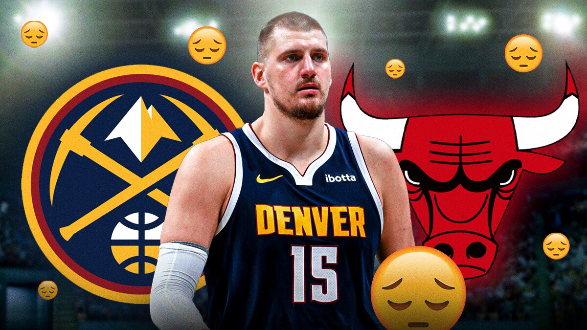 A sad Nikola Jokic in the center, with the Denver Nuggets and Chicago Bulls logos behind him, surrounded by sad emojis.