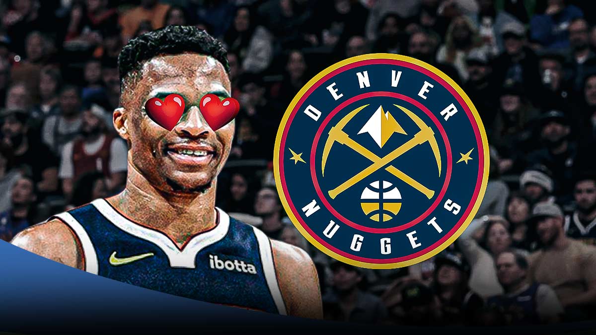 Russell Westbrook with heart eyes looking at the Denver Nuggets logo.