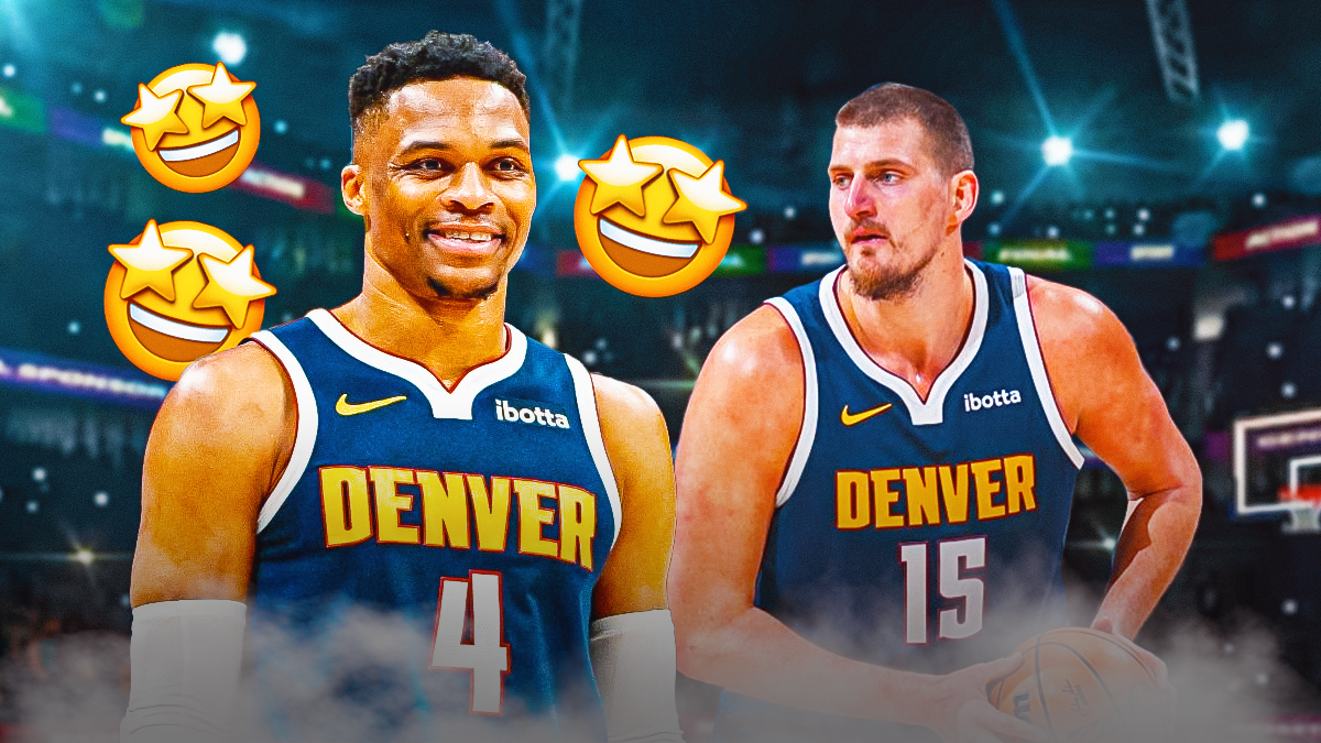 Nuggets' Russell Westbrook with a huge smile while looking at Nikola Jokic, with starry-eye emoji all over Westbrook