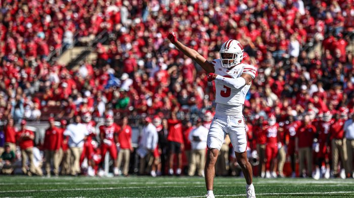 Wisconsin Badgers cornerback Nyzier Fourqurean (3) celebrates after a defense stop during the first half against the Rutgers Scarlet Knights at SHI Stadium.