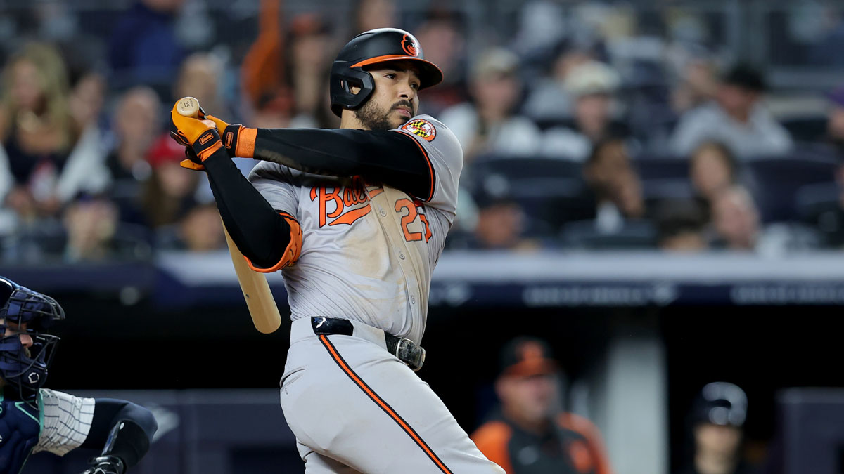 Baltimore Orioles right fielder Anthony Santander (25) follows through on an RBI double against the New York Yankees during the fourth inning at Yankee Stadium.