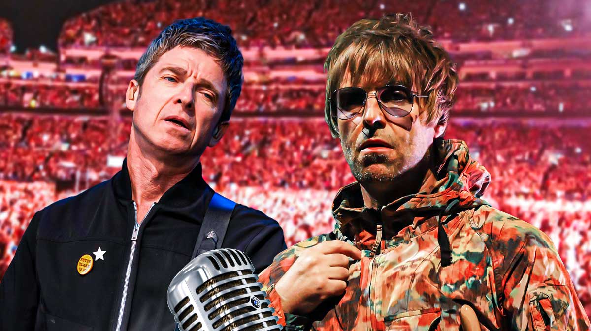 Noel and Liam Gallagher of Oasis, who will embark on a reunion tour in 2025, with concert crowd background.