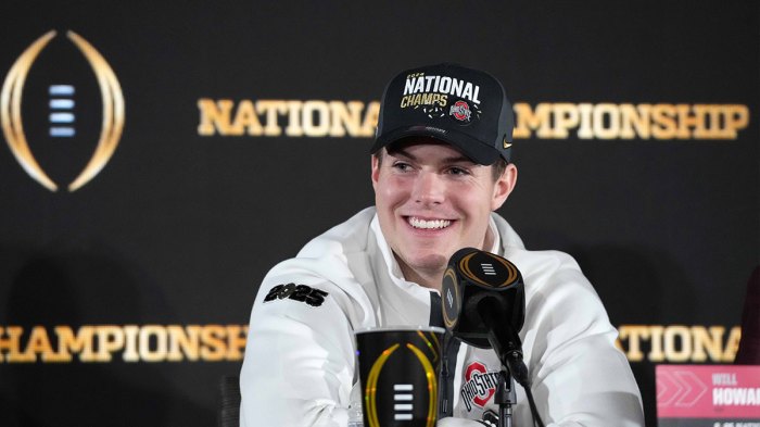 Ohio State Buckeyes quarterback Will Howard during CFP National Championship Champions press conference at The Westin Peachtree Plaza, Savannah Ballroom.