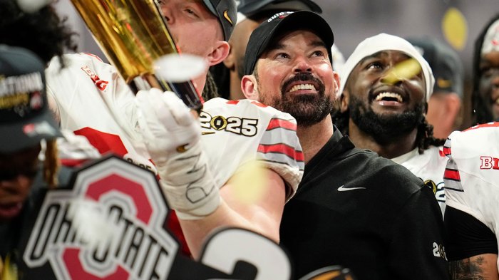 Ohio State Buckeyes head coach Ryan Day celebrates during the trophy ceremony following the 34-23 win over the Notre Dame Fighting Irish to win the College Football Playoff National Championship at Mercedes-Benz Stadium in Atlanta on Jan. 21, 2025.