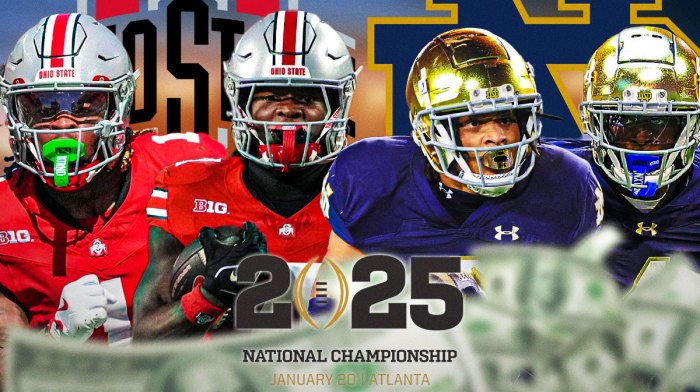 Jeremiah Smith and Quinshon Judkins on one side with Ohio State logo behind them. Other side is Jeremiyah Love and Xavier Watts with Notre Dame logo behind them. College Football 2025 National Championship logo front and center. Ticket stubs and cash all around the graphic.
