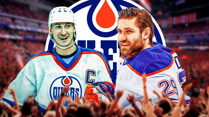 Leon Draisaitl and Wayne Gretzky both in Edmonton Oilers jerseys looking happy, Edmonton Oilers logo, hockey rink in background