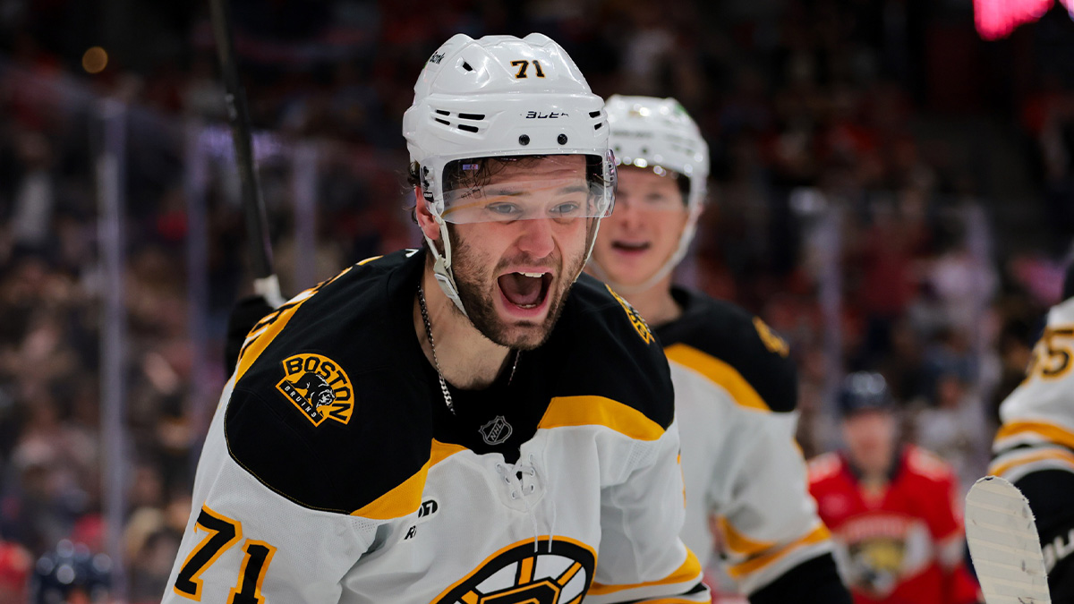 Bruins right wing Oliver Wahlstrom (71) celebrates after scoring against the Florida Panthers in the third period at Amerant Bank Arena. 