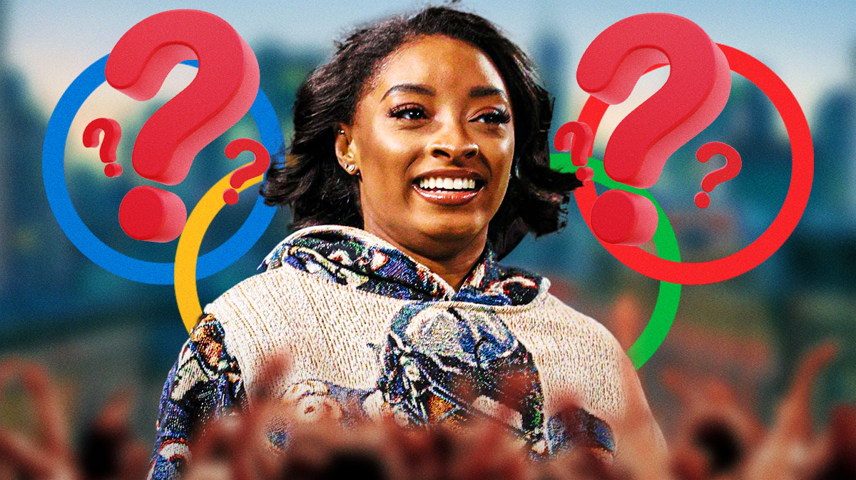 Simone Biles with Los Angeles in the background and the Olympic symbol next to her with question marks around the picture.