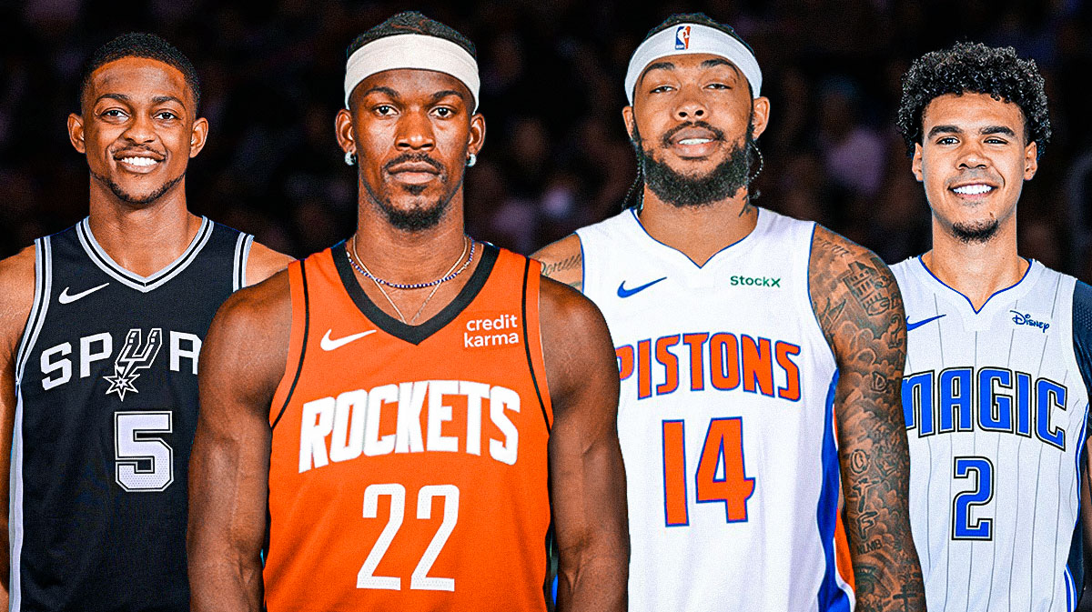 Jimmy Butler photoshopped in Rockets jersey number 22, Cam Johnson photoshopped in Magic jersey number 2, De'Aaron Fox photoshopped in Spurs jersey number 5, and Brandon Ingram photoshopped in Pistons jersey number 14 all together.